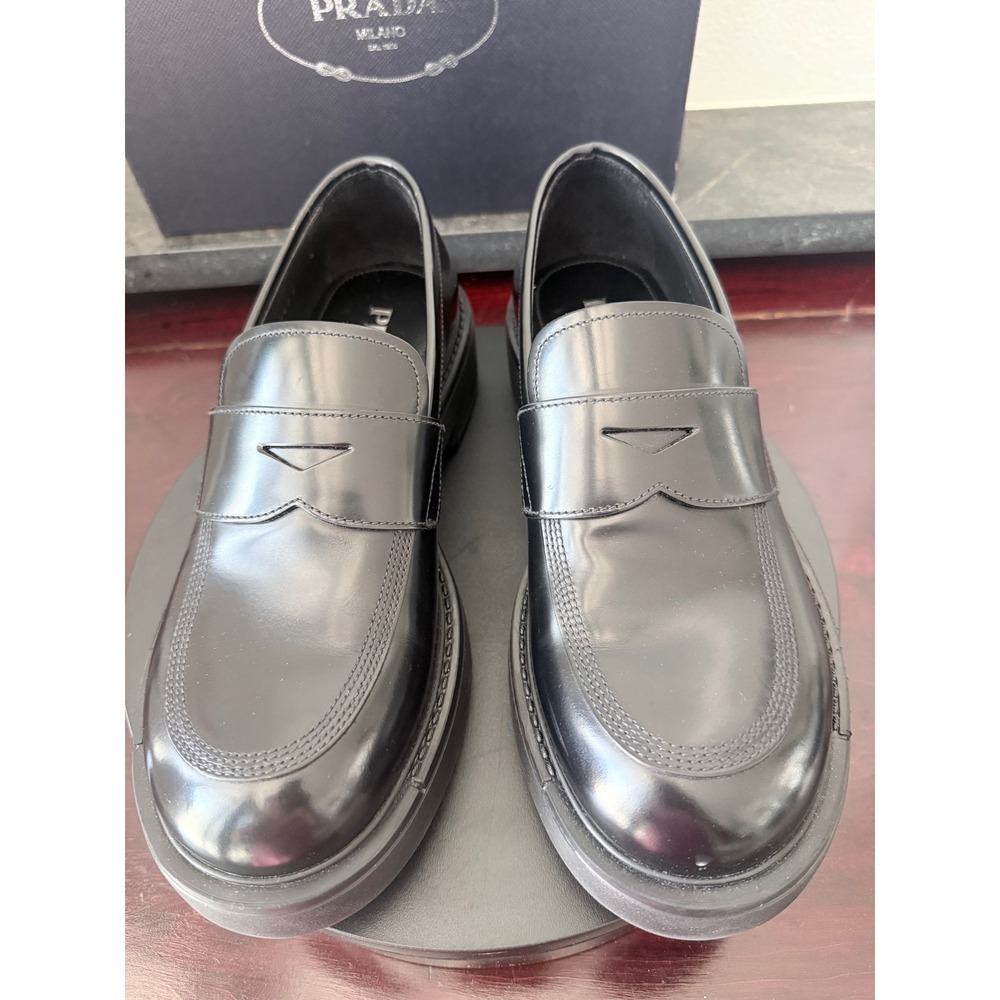 Prada 2DG149 Mens Black Leather Penny Loafer Lug Sole Shoes Size 6 Made in Italy - Picture 7 of 10